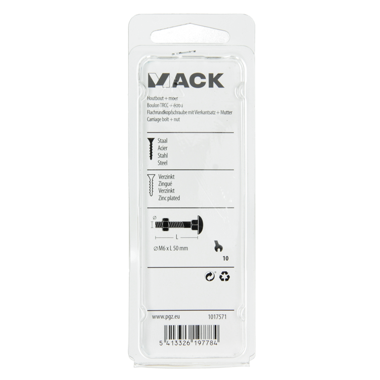 Mack 1017571 - perno para madera + tuerca acero galvanizado 7 piezas m6 x 50 mm | 5 piezas