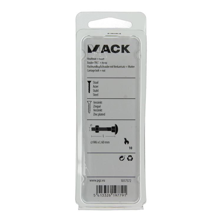 Mack 1017572 - perno para madera + tuerca acero galvanizado 6 piezas m6 x 60 mm | 5 piezas