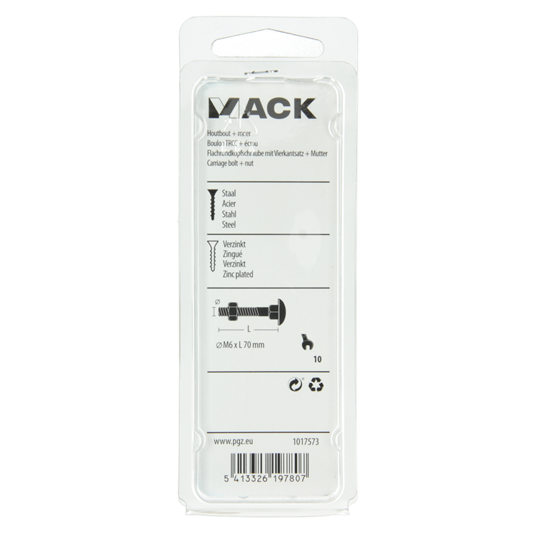 Mack 1017573 - perno para madera + tuerca acero galvanizado 5 piezas m6 x 70 mm | 5 piezas