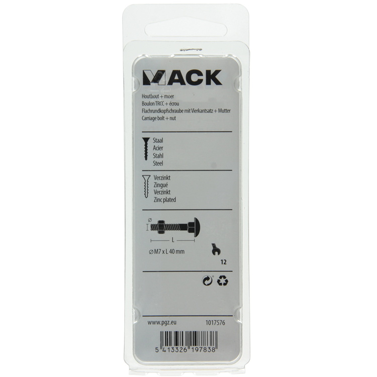Mack 1017576 - perno para madera + tuerca acero galvanizado 5 piezas m7 x 40 mm | 5 piezas
