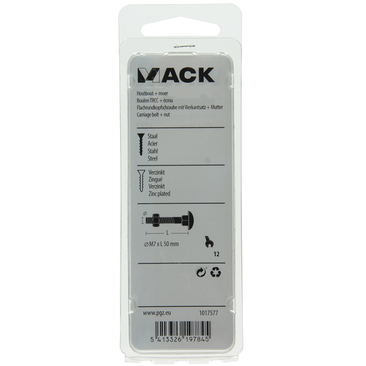 Mack 1017577 - perno para madera + tuerca acero galvanizado 4 piezas m7 x 50 mm | 5 piezas