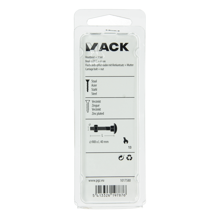 Mack 1017580 - perno para madera + tuerca acero galvanizado 5 piezas m8 x 40 mm | 5 piezas