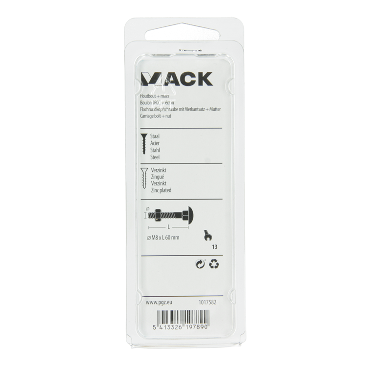 Mack 1017582 - perno para madera + tuerca acero galvanizado 4 piezas m8 x 60 mm | 5 piezas