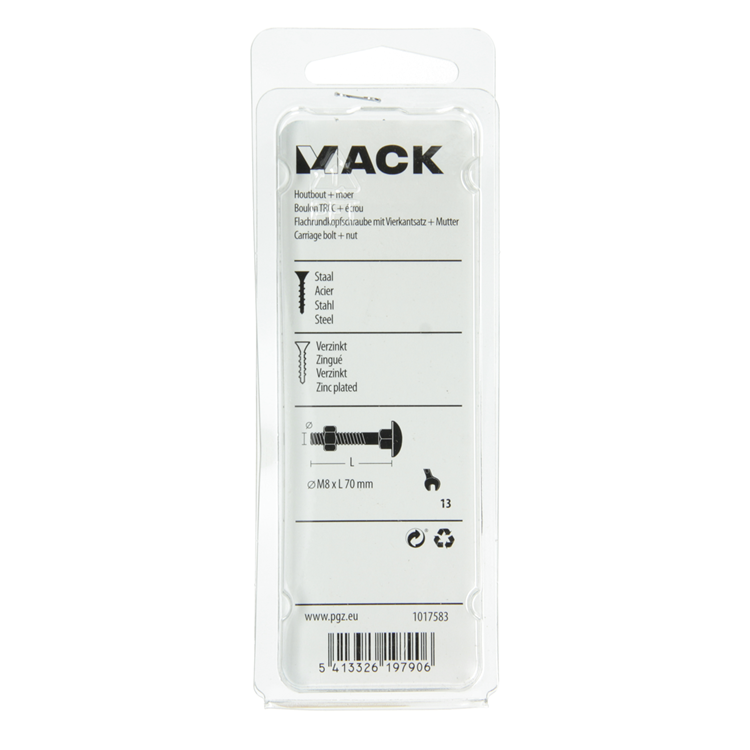 Mack 1017583 - perno para madera + tuerca acero galvanizado 3 piezas m8 x 70 mm | 5 piezas