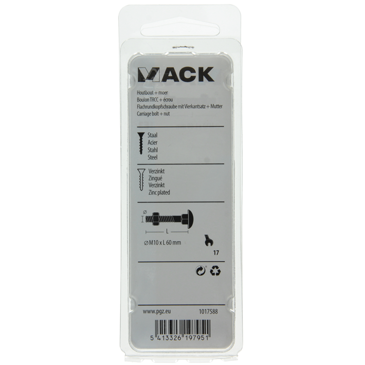 Mack 1017588 - perno para madera + tuerca acero galvanizado 2 piezas m10 x 60 mm | 5 piezas