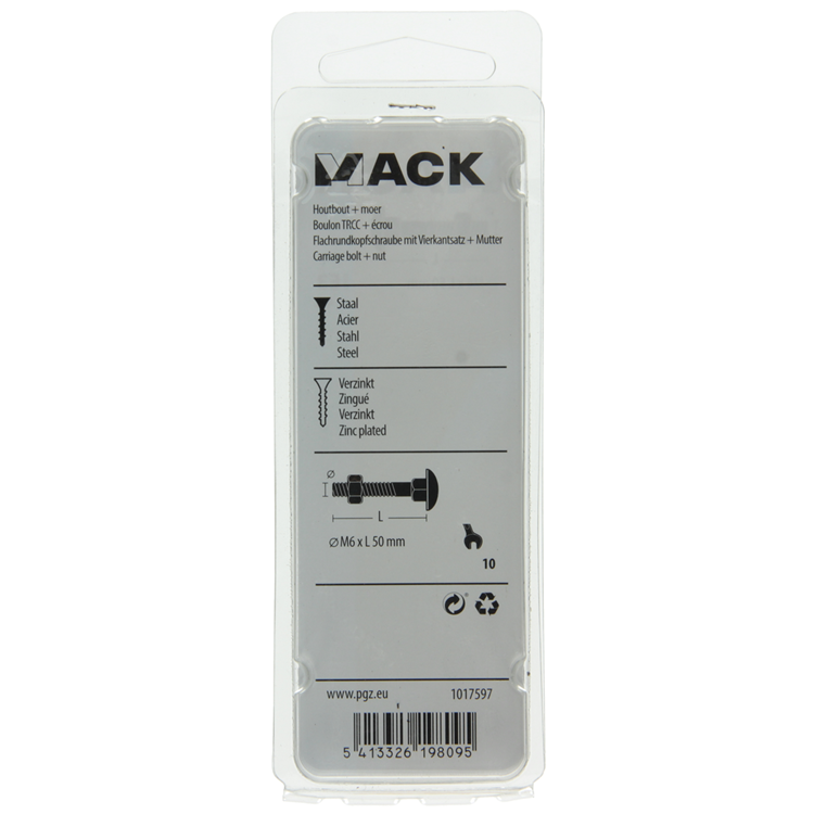 Mack 1017597 - perno para madera + tuerca negro 6,0 x 50 mm 4 piezas | 5 piezas