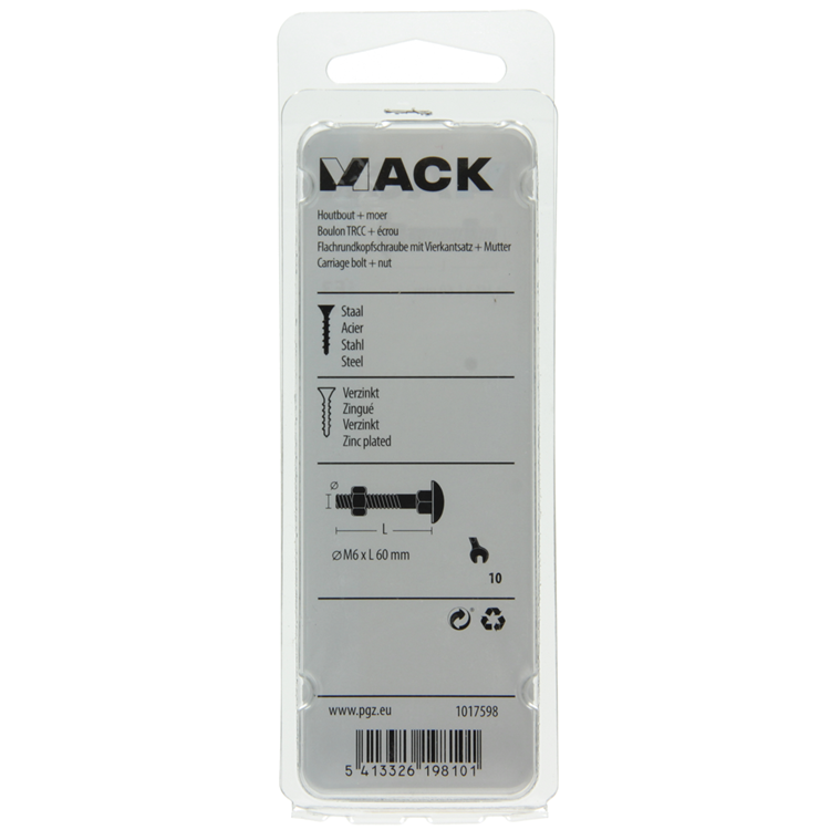Mack 1017598 - perno para madera + tuerca negro 6,0 x 60 mm 4 piezas | 5 piezas