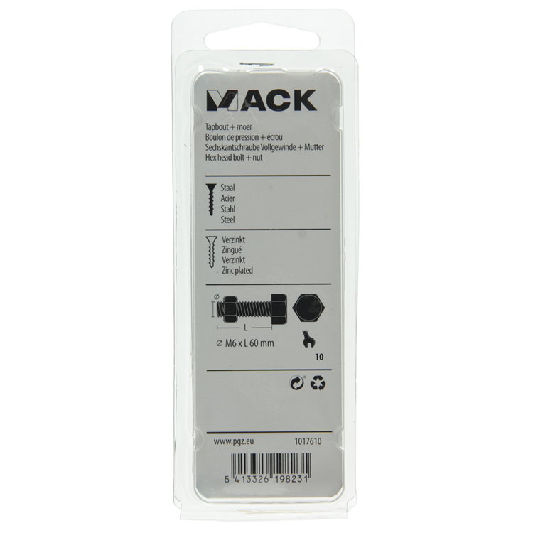 Mack 1017610 - grifo perno + tuerca acero galvanizado 7 piezas m6 x 60 mm | 10 piezas