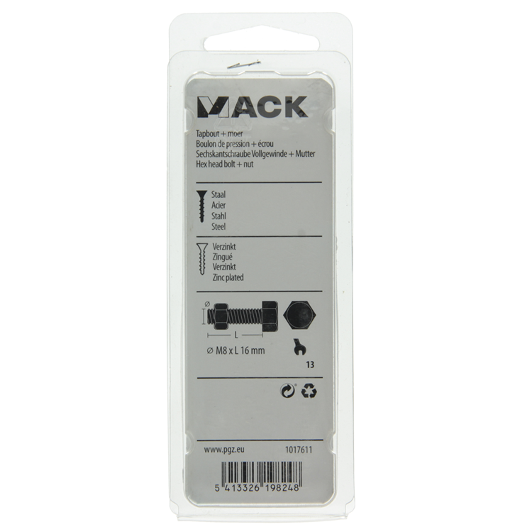 Mack 1017611 - perno macho + tuerca acero galvanizado 8 piezas m8 x 16 mm | 10 piezas