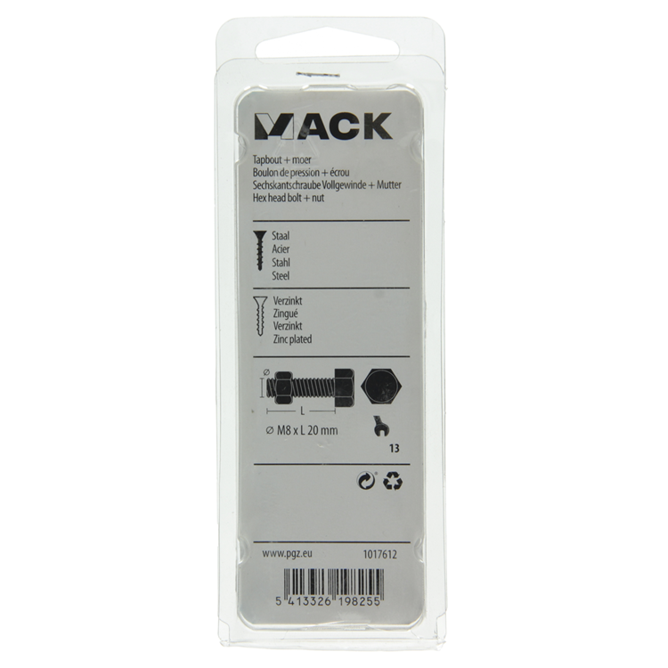Mack 1017612 - perno macho + tuerca acero galvanizado 7 piezas m8 x 20 mm | 10 piezas