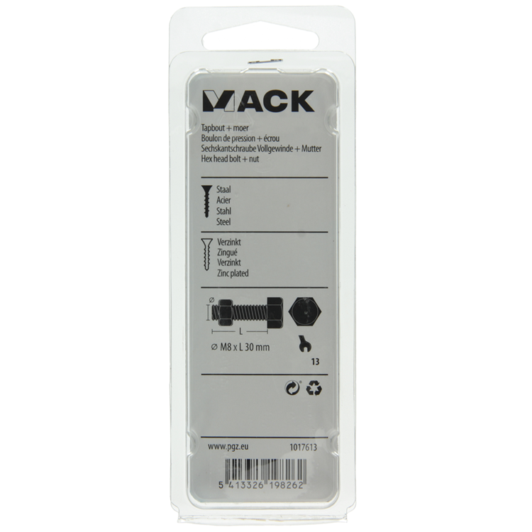 Mack 1017613 - perno macho + tuerca acero galvanizado 6 piezas m8 x 30 mm | 5 piezas