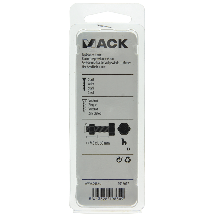 Mack 1017617 - grifo perno + tuerca acero galvanizado 4 piezas m8 x 60 mm | 10 piezas