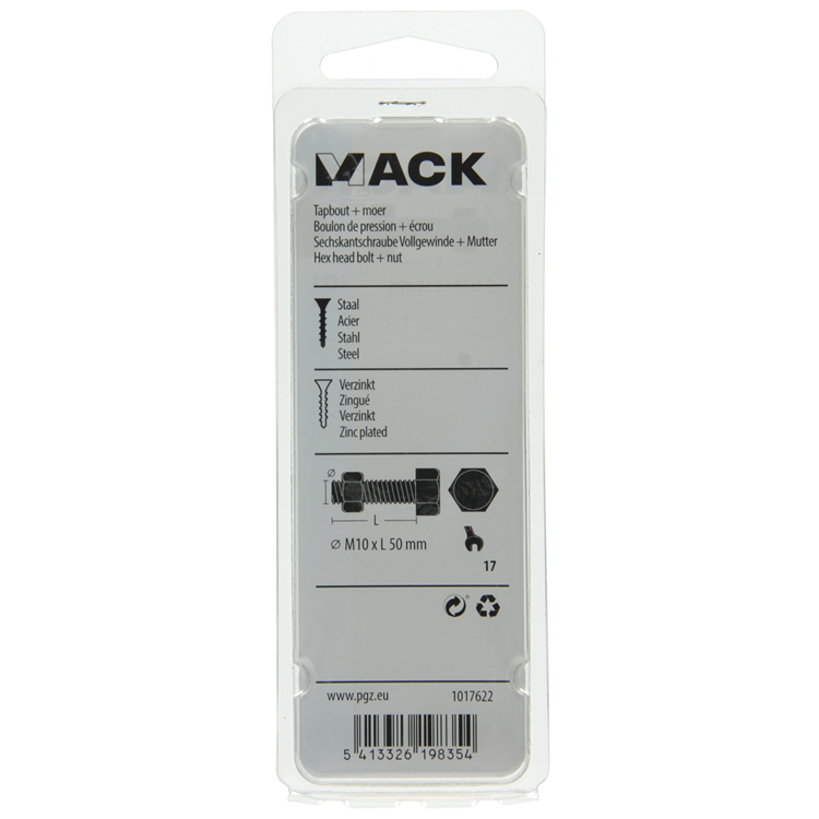 Mack 1017622 - perno grifo + tuerca acero galvanizado 2 piezas m10 x 50 mm | 5 piezas