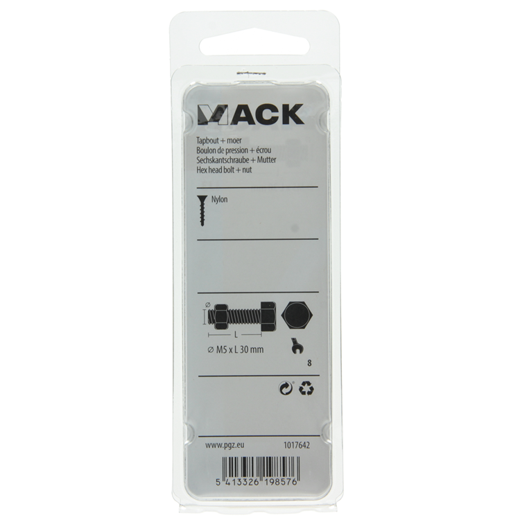 Mack 1017642 - perno macho + tuerca nylon 6 piezas m5 x 30 mm | 10 piezas