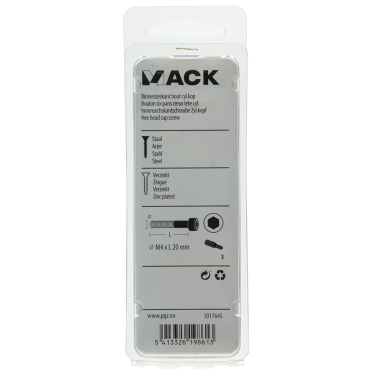 Mack 1017645 - bullone ad esagono incassato cil. testa placcata. 11 pezzi m4 x 20 mm | 10 pezzi