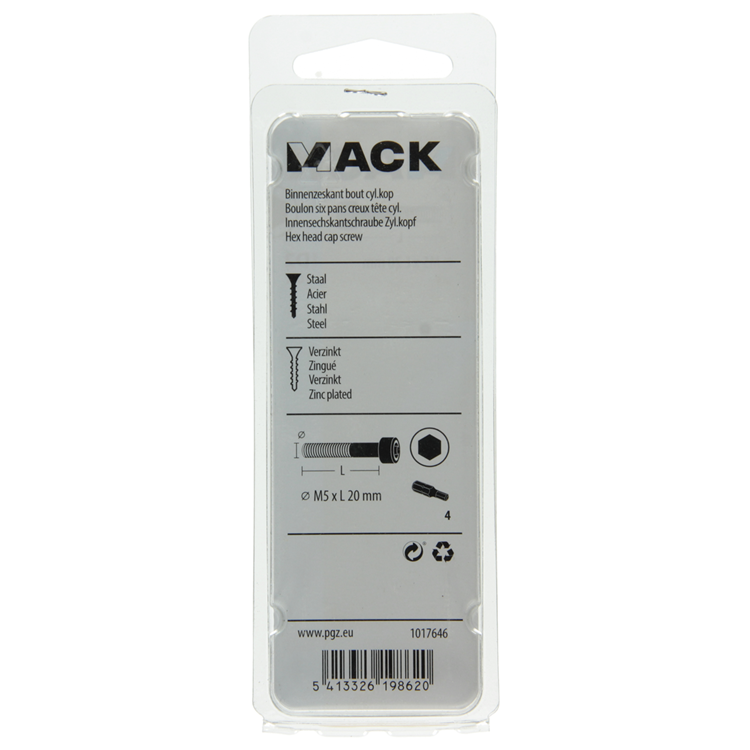 Mack 1017646 - cilindro con perno hexagonal cabeza plateada. 10 piezas m5 x 20 mm | 10 piezas