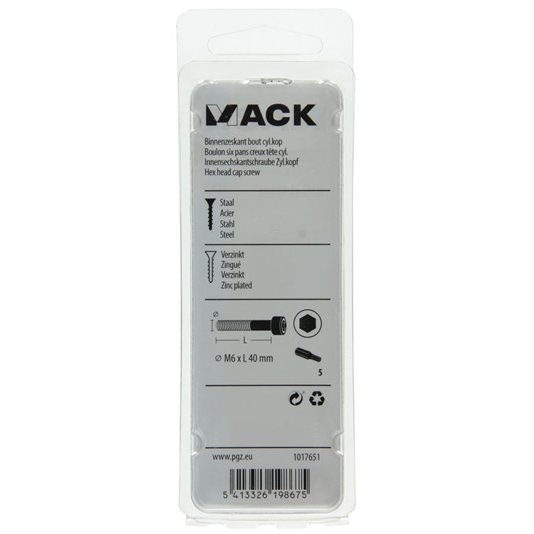Mack 1017651 - cilindro con perno hexagonal cabeza plateada. 5 piezas m6 x 40 mm | 10 piezas