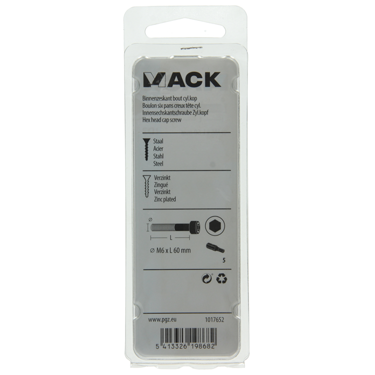 Mack 1017652 - cilindro con perno hexagonal cabeza plateada. 4 piezas m6 x 60 mm | 10 piezas