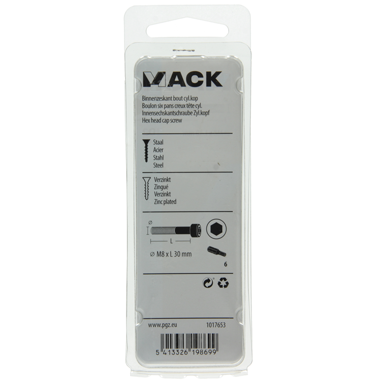 Mack 1017653 - cilindro con perno hexagonal cabeza plateada. 4 piezas m8 x 30 mm | 10 piezas
