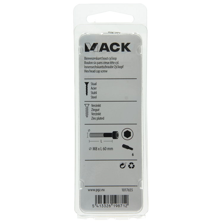 Mack 1017655 - cilindro con perno hexagonal cabeza plateada. 3 piezas m8 x 60 mm | 10 piezas