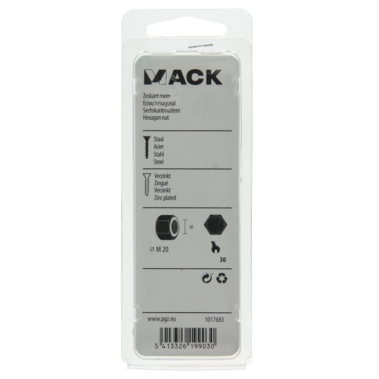 Mack 1017683 - tuerca hexagonal acero galvanizado 2 piezas m 20 | 5 piezas
