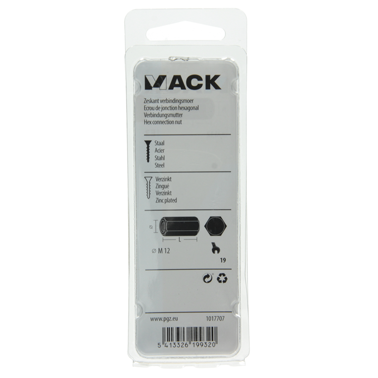Mack 1017707 - tuerca de conexión hexagonal galvanizada 1 ud m12 | 5 piezas