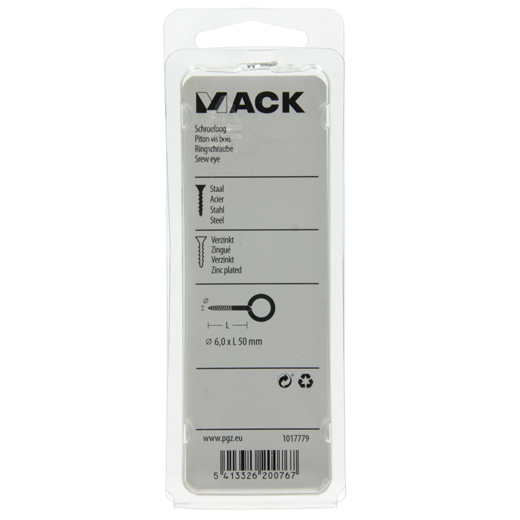 Mack 1017779 - ojo de tornillo acero galvanizado 4 piezas 6,0 x 50 mm | 5 piezas