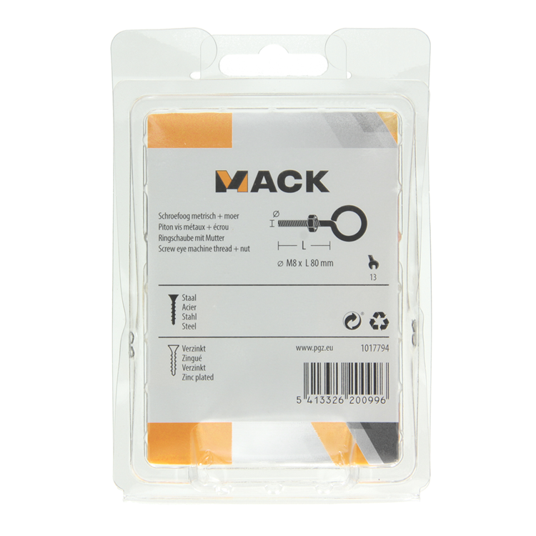 Mack 1017794 - ojo de tornillo métrico + tuerca galvanizada 2 piezas m8 x 80 mm | 5 piezas
