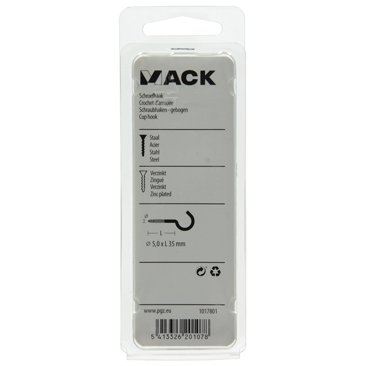 Mack 1017801 - gancho de tornillo acero galvanizado 4uds 5,0 x 35 mm | 10 piezas