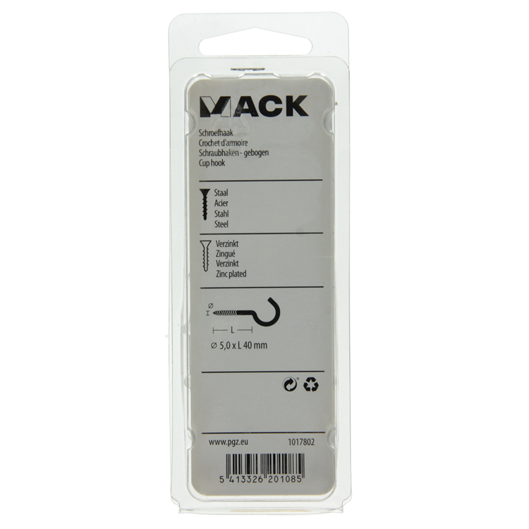 Mack 1017802 - gancho de tornillo acero galvanizado 4uds 5,0 x 40 mm | 5 piezas