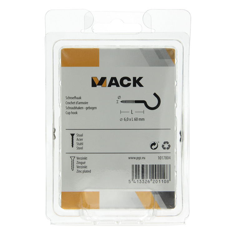 Mack 1017804 - gancho de tornillo acero galvanizado 3uds 6,0 x 60 mm | 5 piezas