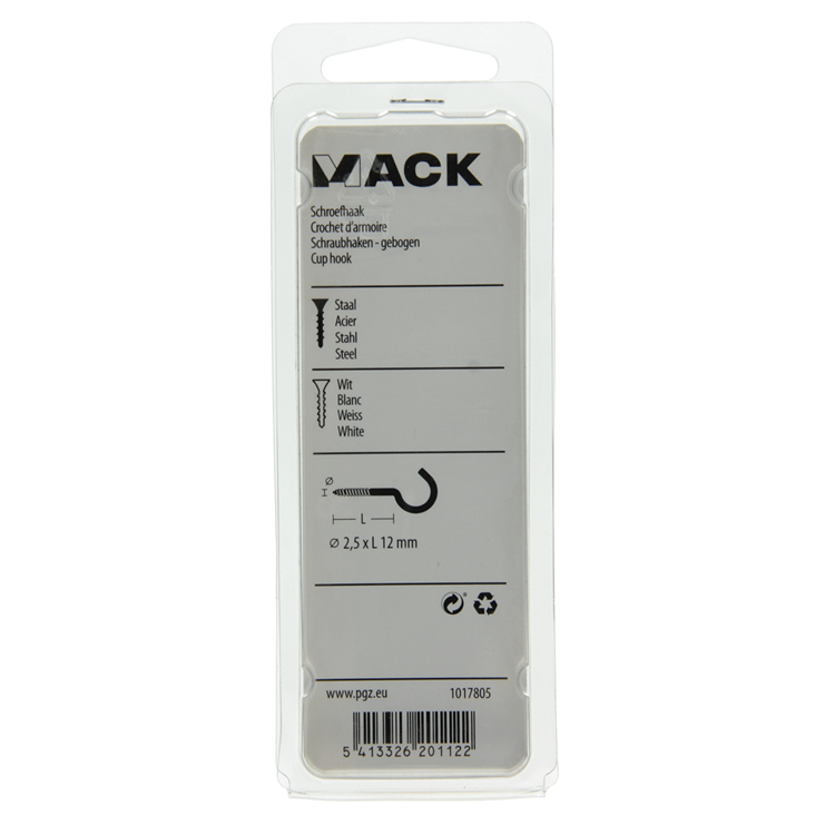 Mack 1017805 - gancho de tornillo acero blanco 10uds 2,5 x 12 mm | 10 piezas