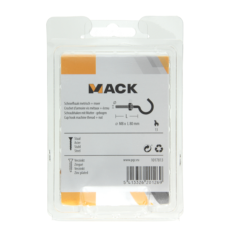 Mack 1017813 - gancho tornillo métrico + tuerca galvanizada 2uds m8 x 80 mm | 5 piezas