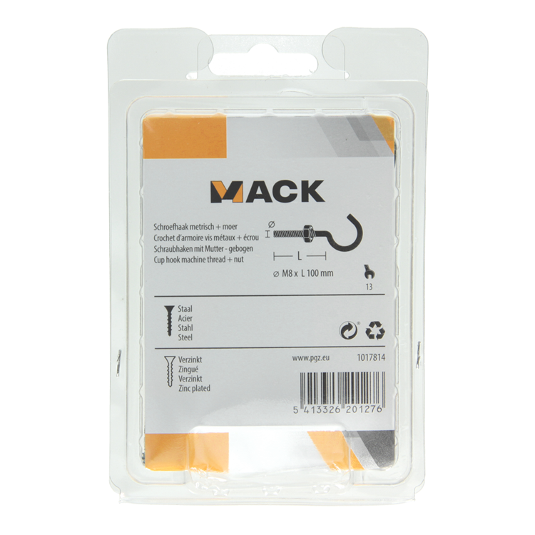 Mack 1017814 - gancho tornillo métrico + tuerca galvanizada 2uds m8 x 100 mm | 5 piezas