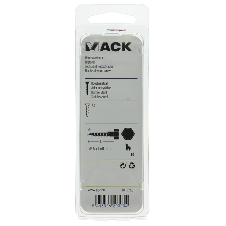Mack 1019766 - perno roscado para madera acero inoxidable 3 piezas 6 x 60 mm | 10 piezas