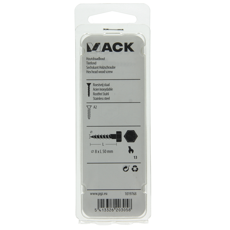 Mack 1019768 - perno roscado para madera acero inoxidable 2 piezas 8 x 50 mm | 10 piezas
