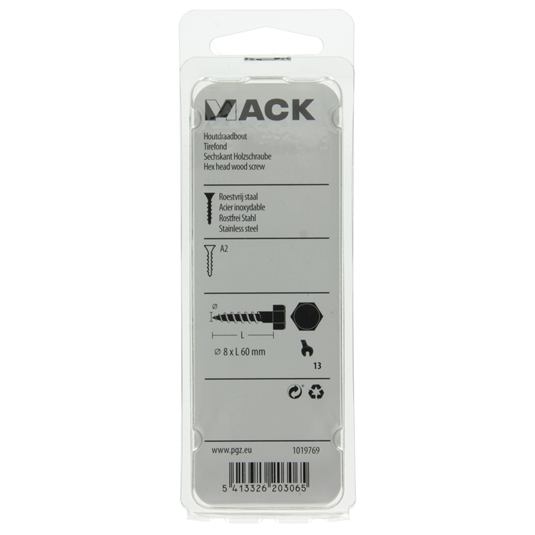 Mack 1019769 - perno roscado para madera acero inoxidable 2 piezas 8 x 60 mm | 10 piezas