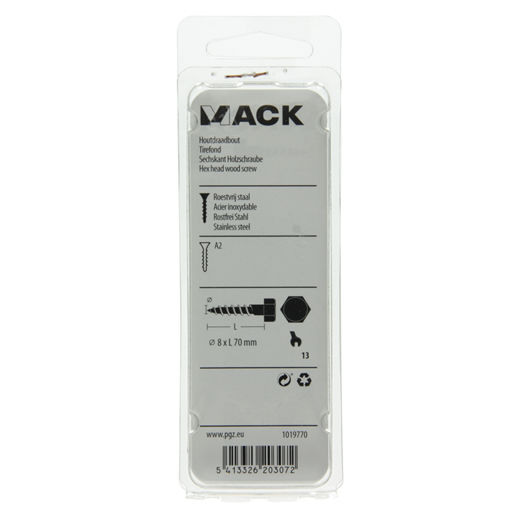 Mack 1019770 - perno roscado para madera acero inoxidable 2 piezas 8 x 70 mm | 10 piezas