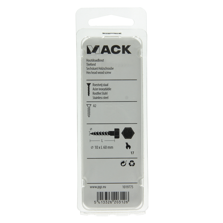 Mack 1019775 - perno roscado para madera acero inoxidable 2uds 10 x 60 mm | 10 piezas