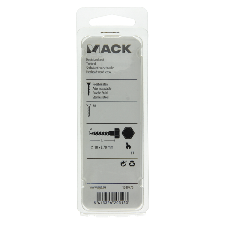 Mack 1019776 - perno roscado para madera acero inoxidable 2uds 10 x 70 mm | 10 piezas
