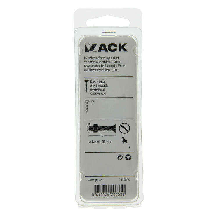 Mack 1019806 - tornillo metálico galvanizado. cabeza + tuerca acero inoxidable 12 pzs m4x20 | 10 piezas