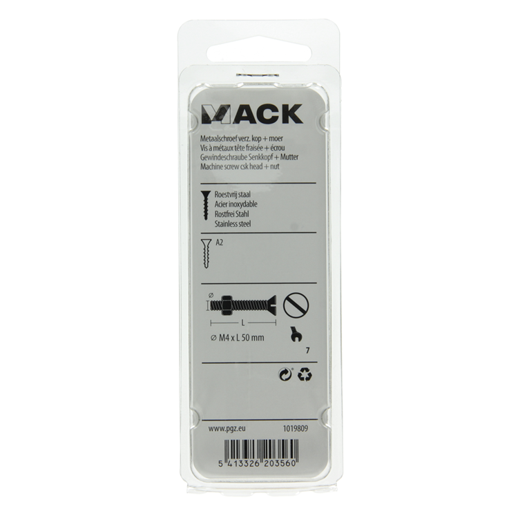 Mack 1019809 - tornillo metálico galvanizado. cabeza + tuerca acero inoxidable 7 pzs m4x50 | 10 piezas