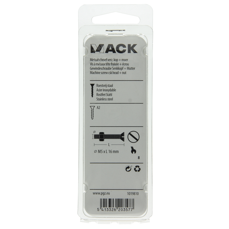 Mack 1019810 - tornillo metálico galvanizado. cabeza + tuerca acero inoxidable 8 pzs m5x16 | 10 piezas