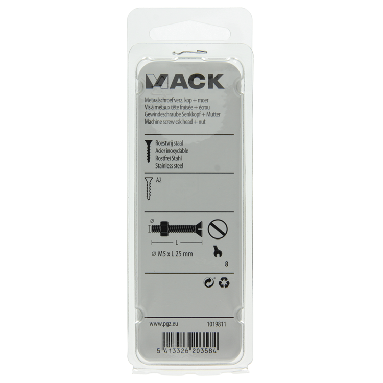 Mack 1019811 - tornillo metálico galvanizado. cabeza + tuerca acero inoxidable 6 pzs m5x25 | 10 piezas