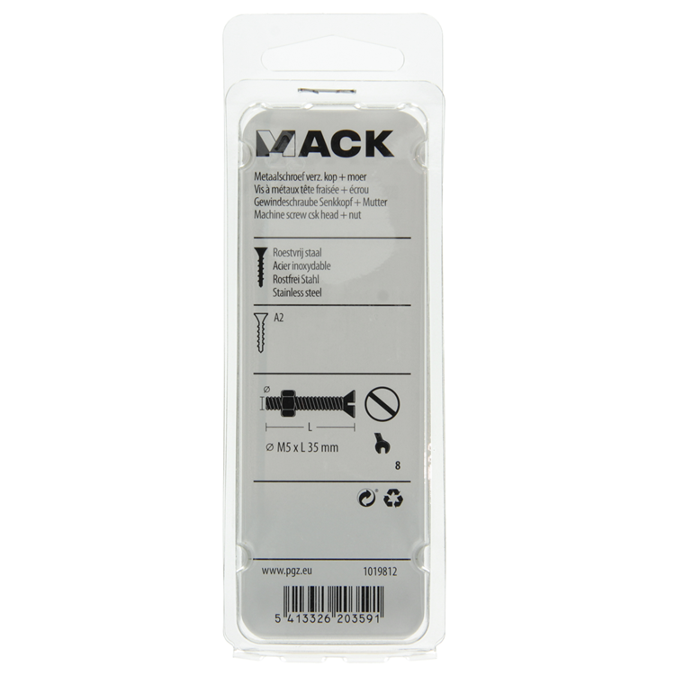 Mack 1019812 - tornillo metálico galvanizado. cabeza + tuerca acero inoxidable 5 pzs m5x35 | 10 piezas