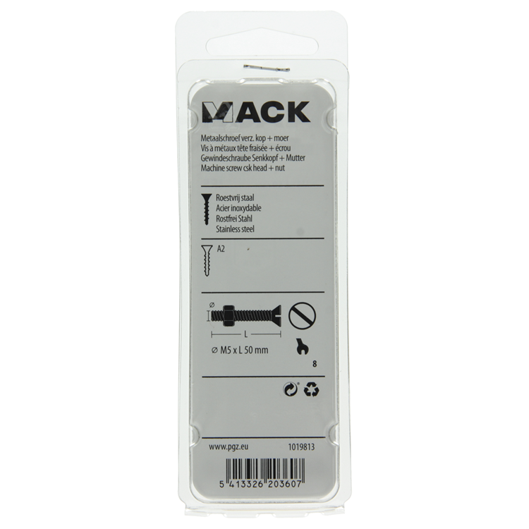Mack 1019813 - tornillo metálico galvanizado. cabeza + tuerca acero inoxidable 4 pzs m5x50 | 10 piezas