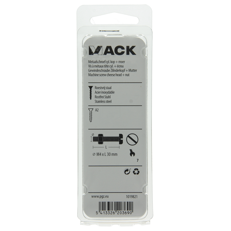 Mack 1019821 - cilindro de tornillo metálico. cabeza + tuerca acero inoxidable 9 pzs m4x30 | 10 piezas