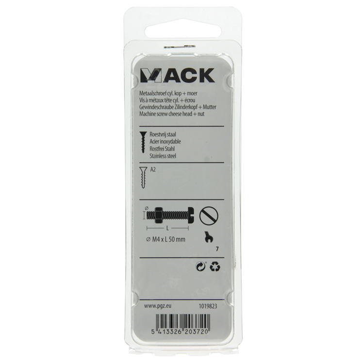 Mack 1019823 - cilindro de tornillo metálico. cabeza + tuerca acero inoxidable 7 pzs m4x50 | 10 piezas