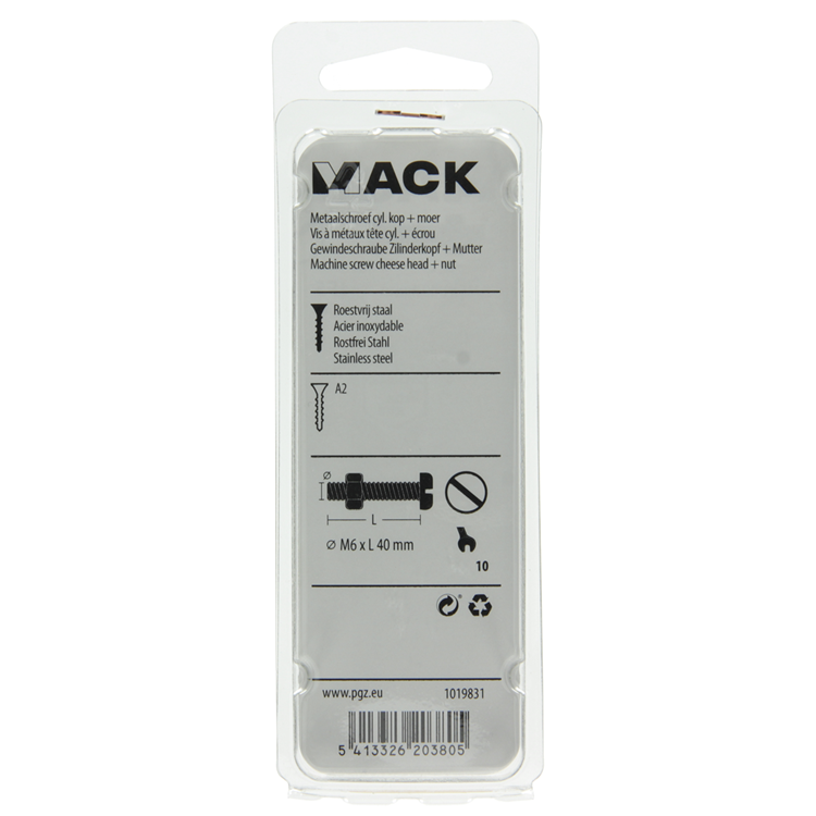 Mack 1019831 - cilindro de tornillo metálico. cabeza + tuerca acero inoxidable 3 piezas m6x40 | 10 piezas