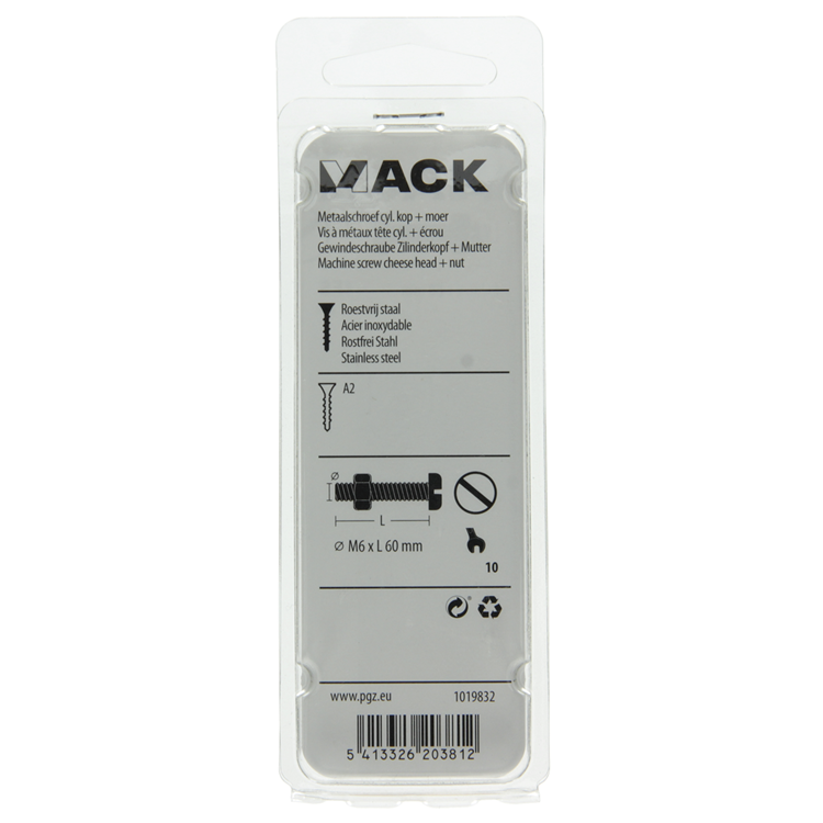 Mack 1019832 - cilindro de tornillo metálico. cabeza + tuerca acero inoxidable 2 uds m6x60 | 10 piezas